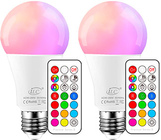 dos bombillas inteligentes rosa con mandos multicolor