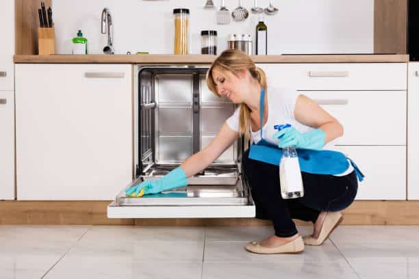 mujer limpiando el lavavajillas dentro